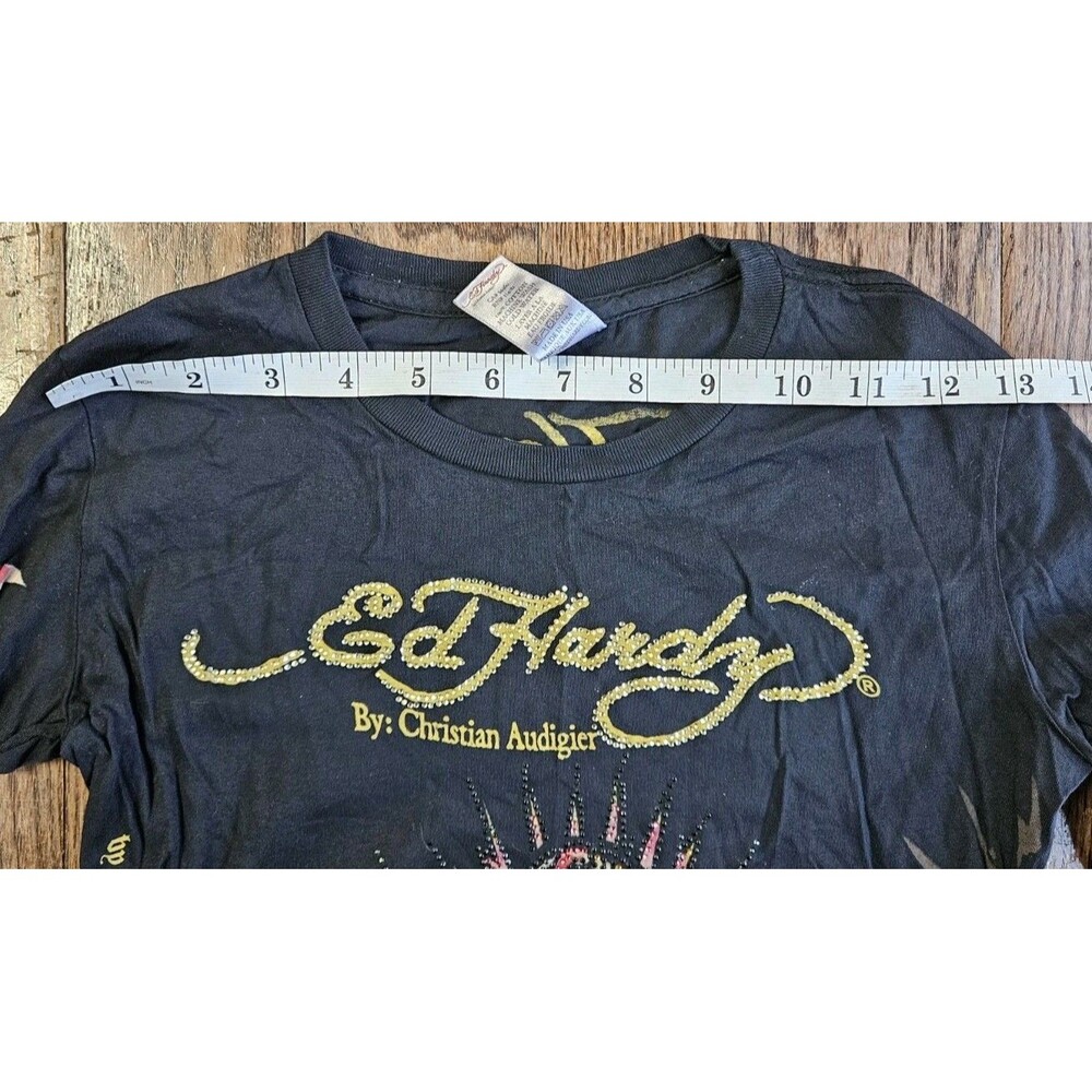 Vtg Y2K Ed Hardy Black Panther Roses Rhinestones Long Sleeve Top Size S - Picture 6 of 12